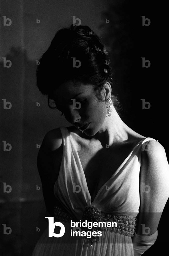 Actress Joan Collins on set of film Quest at Pinewood Studios, November 1970 (b/w photo)