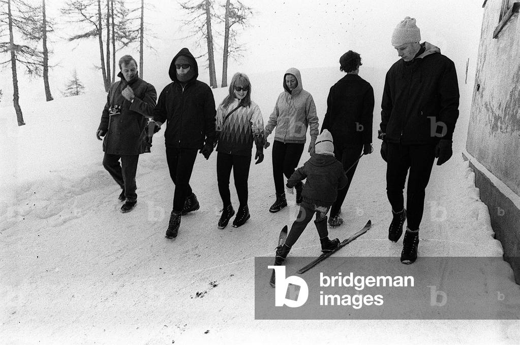 Beatles John Lennon and Wife Cynthia Lennon in St Moritz on a Skiing Holiday, Jan 1965 (b/w photo)