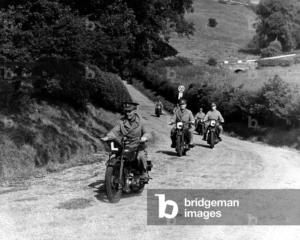 World War Two - Second World War - Recruits of the new mechanised unit of the Military Police in training on motorcycles in the North. 08/09/1940 (b/w photo)