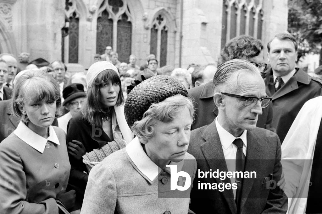 Rolling Stones: Brian Jones funeral. L to R Brian Joness sister, Brian Jones girlfriend, model Suki Potier, Mrs. Jones, Mr. Jones, (Brian's parents) and the Stones 'gofer' Tom Keylock 10 July 1969