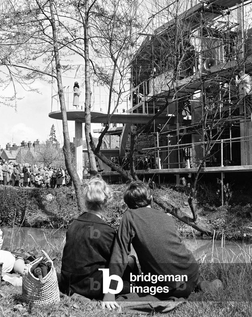 The Yvonne Arnold theatre under construction in Guildford, Surrey. 23rd April 1964 (b/w photo)