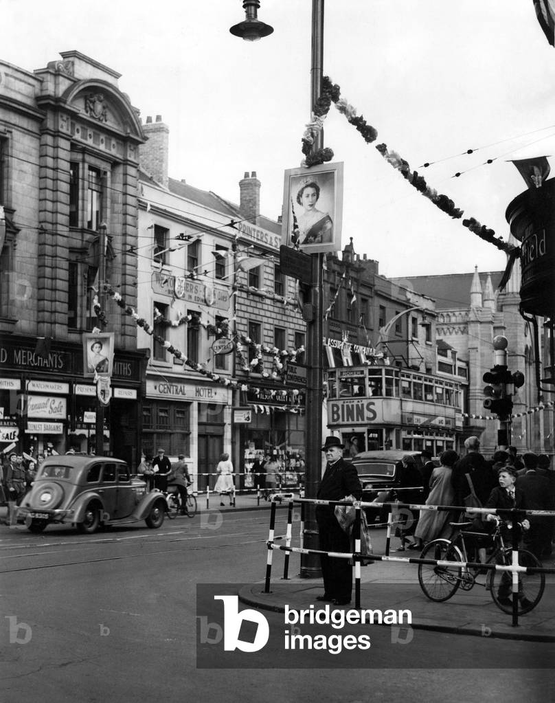 Queen Elizabeth II, Princess Elizabeth - Coronation - Bridge Street, Sunderland covered in coronation decorations, 1950, 1950 (b/w photo)