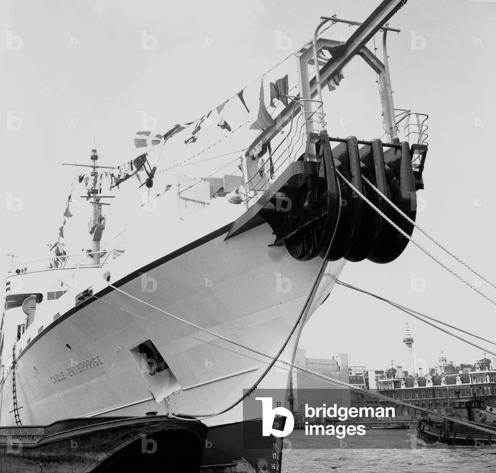 Cable and Wireless Ltd company repair ship CS 'Cable Enterprise' in the Thames at Tower Pier. 5th August 1964 (b/w photo)