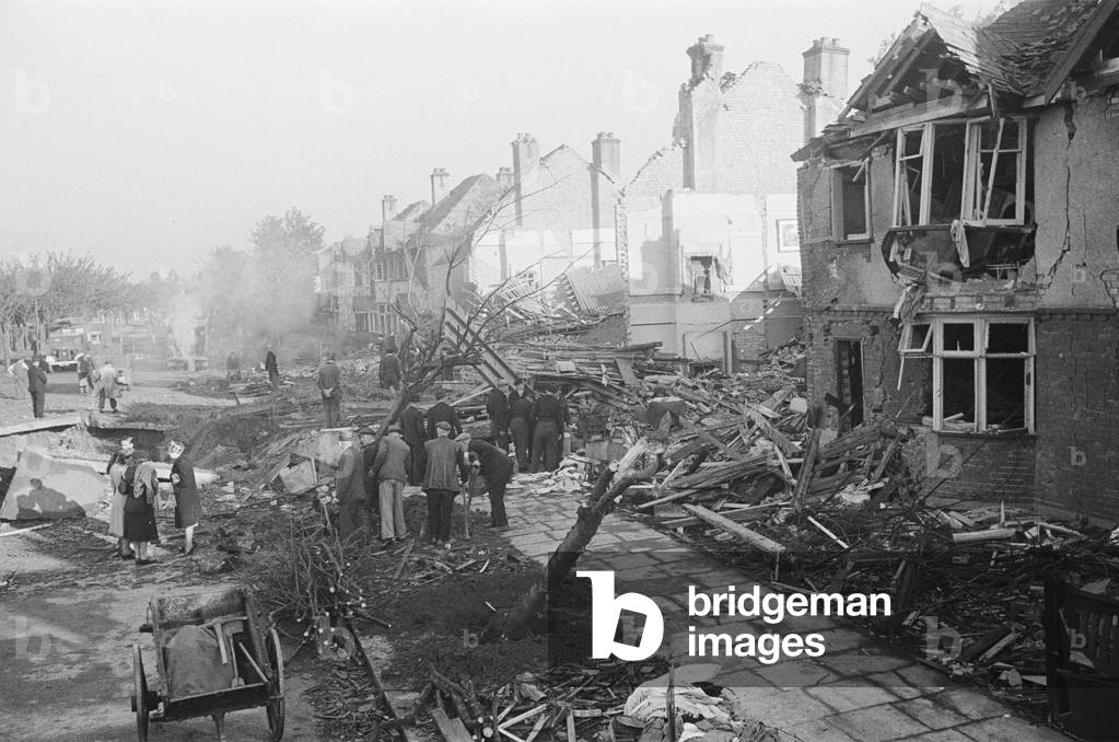 The aftermath of V2 explosion, 8th September 1944 (b/w photo)