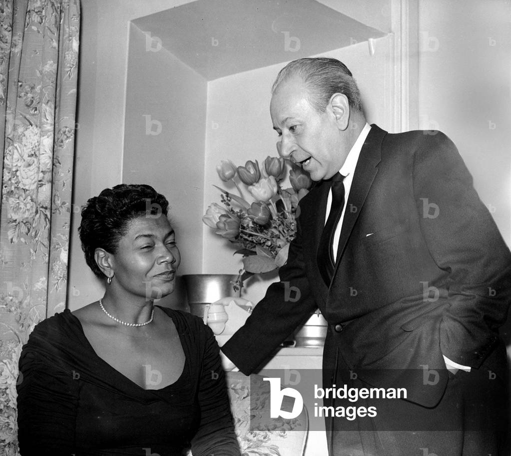 Pearl Bailey with George Raft at the Cafe de Paris, March 1957 (b/w photo)