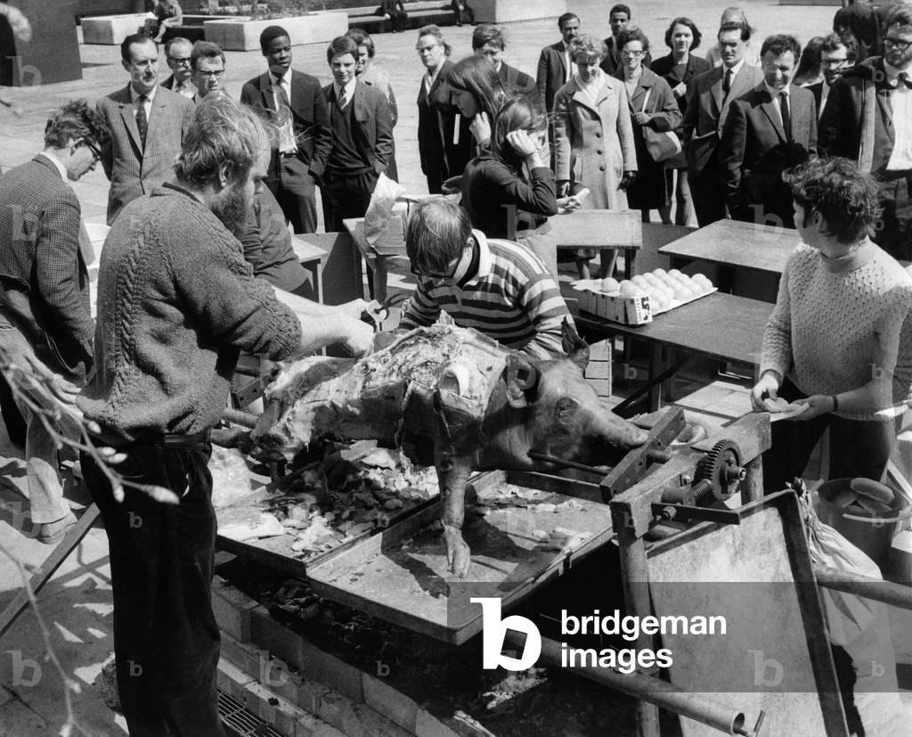 Pig roasting in the city, April 1969