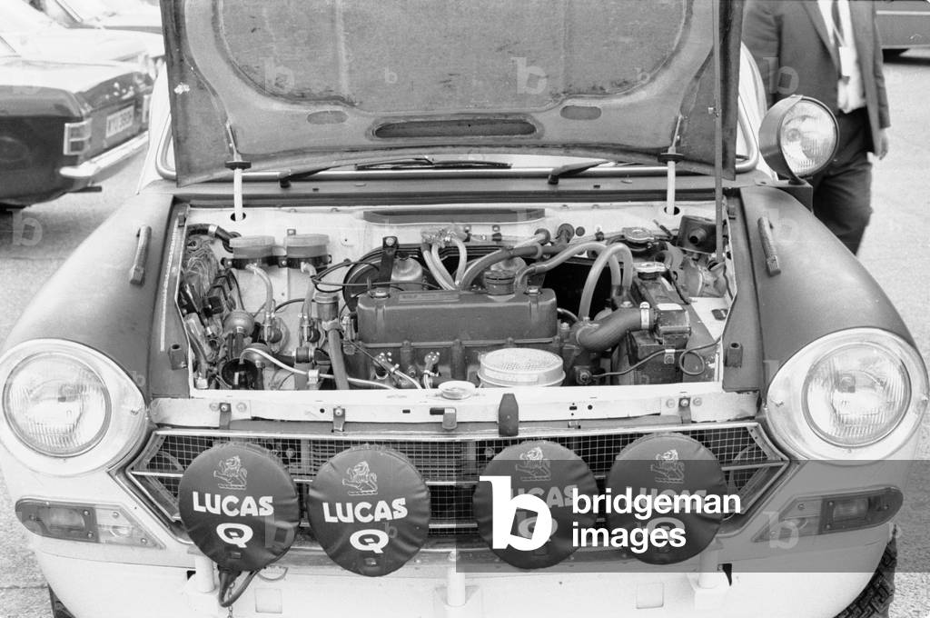 The engine bay of Peter Jopp B.L.M.C. 1800 ready for final inspection and checks at the start of the Daily Mirrors World Cup Rally at Wembley, April 19th 1970