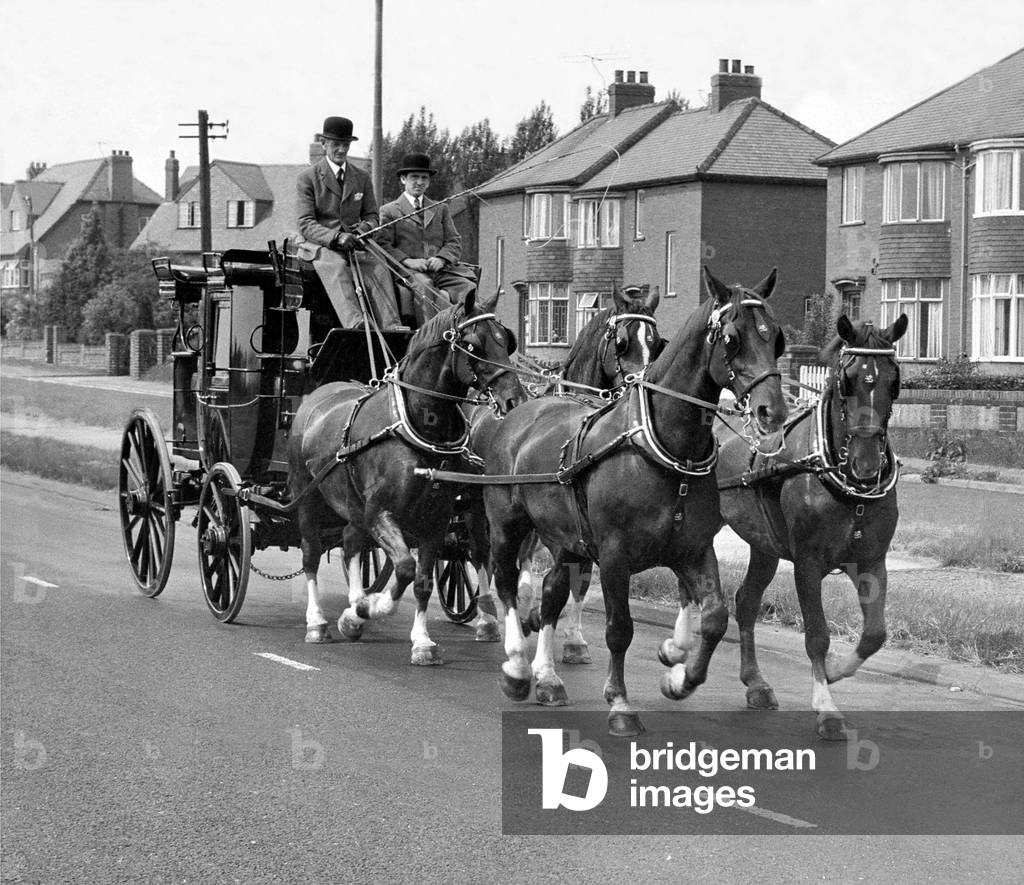 People on the Chester-le-Street by-pass wondered if the bus strike had reached the North when they saw this coach and four clattering down the road. It is owned by Major F. D. Nicholson of Southhill Hall, Plawsworth, c.1950