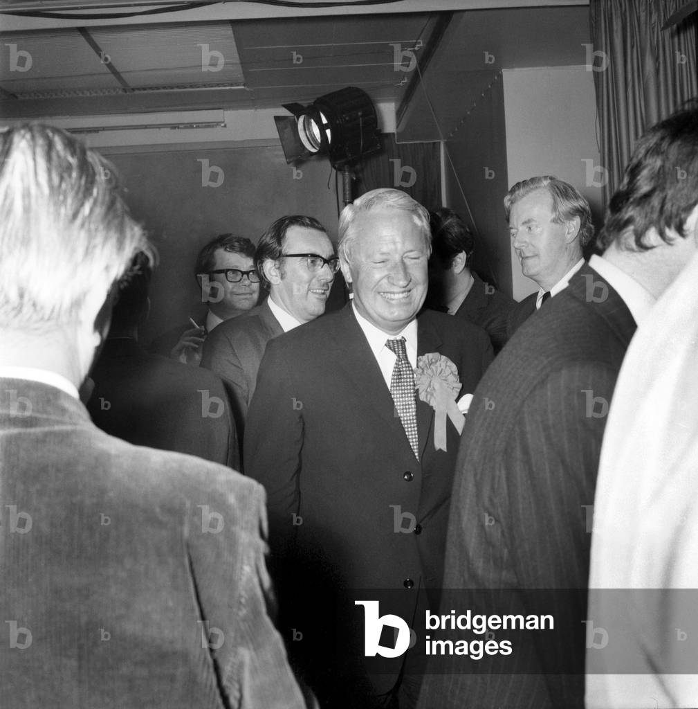 Edward Heath arrives at Tory H.Q. in Smith Square to the cheers of his supporters, June 1975