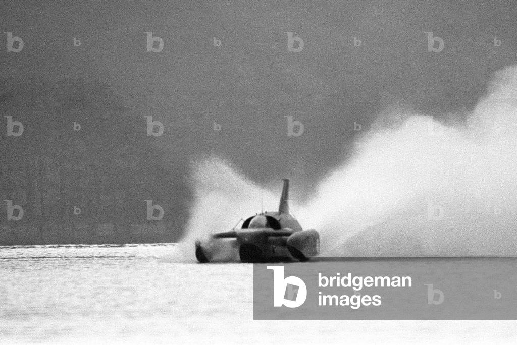 Donald Campbell takes 'Bluebird' on Coniston Water for the first time. 4th November 1966.