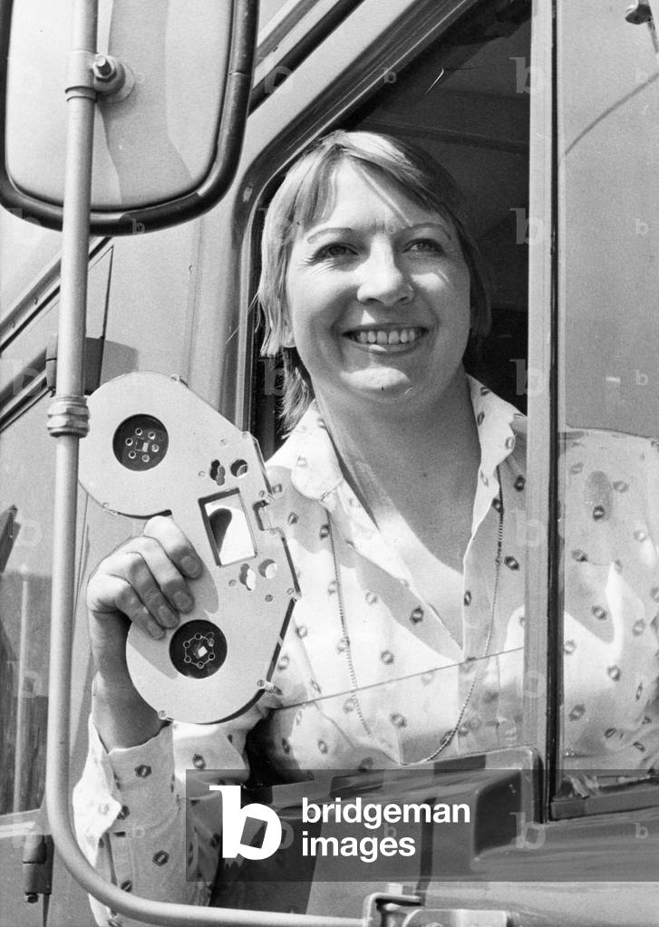 Eileen Vale of the research department, Tyne Wear Fire Service, with the microfilm information box, c.1970