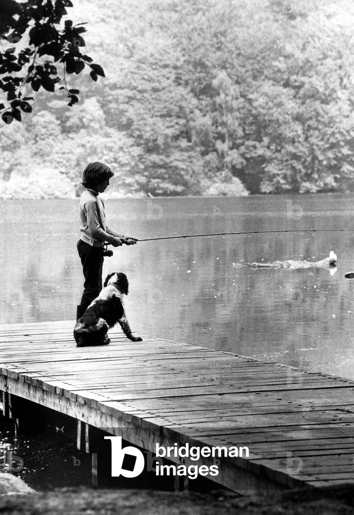 Summer Weather Scenes - Sunbathing A young boy and his dog enjoys a day out at Bolam Lake near Belsay, Northumberland 15 August 1973 (b/w photo)