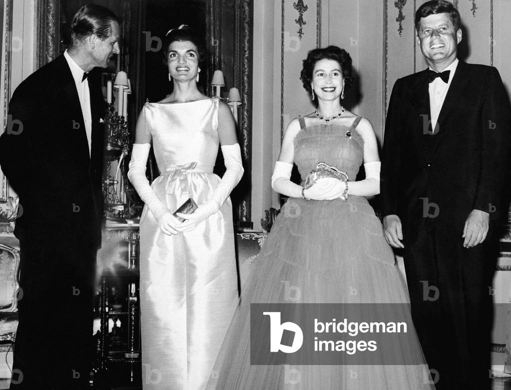 The Duke of Edingurgh, Jackie Kennedy, The Queen and President Kennedy at Buckingham Palace. 6th June 1961 (b/w photo)