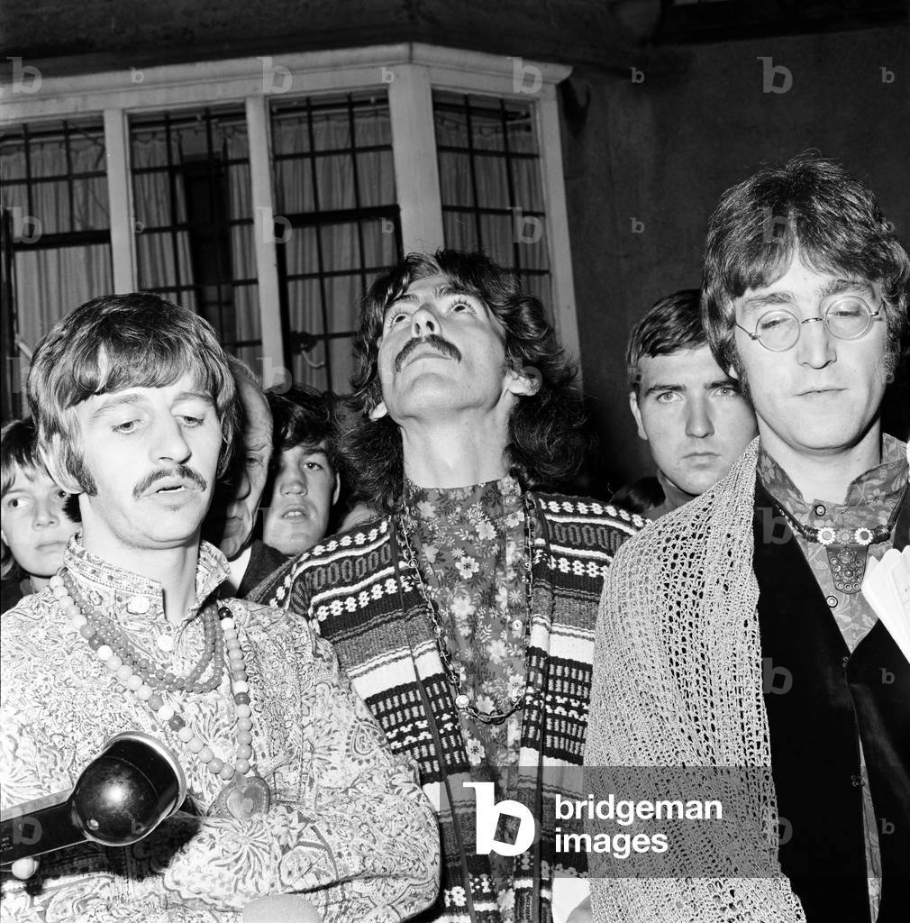 The Beatles in Bangor Wales to take part in a 10-day conference on Transcendental Meditation led by Maharishi Mahesh Yogi, 27/08/1967 (b/w photo)