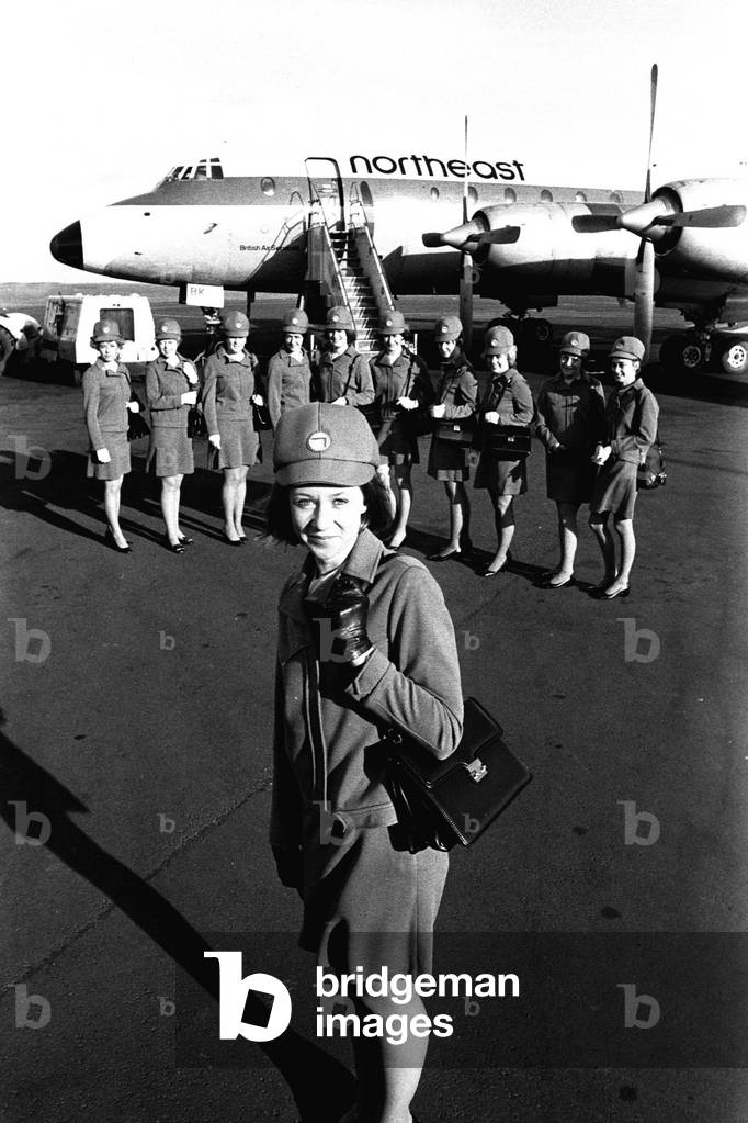 11 air stewardesses who earned their wings after passing the Northeast Airlines air hostess course at Newcastle Airport Training Centre 13 February 1971 (b/w photo)