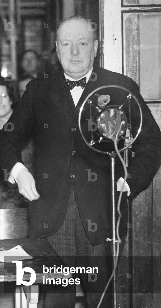 Mr Winston Churchill seen here at the Dingle Lane School addressing a meeting in support of his son's candidature for the 1935 General Election 12th November 1935 (b/w photo)