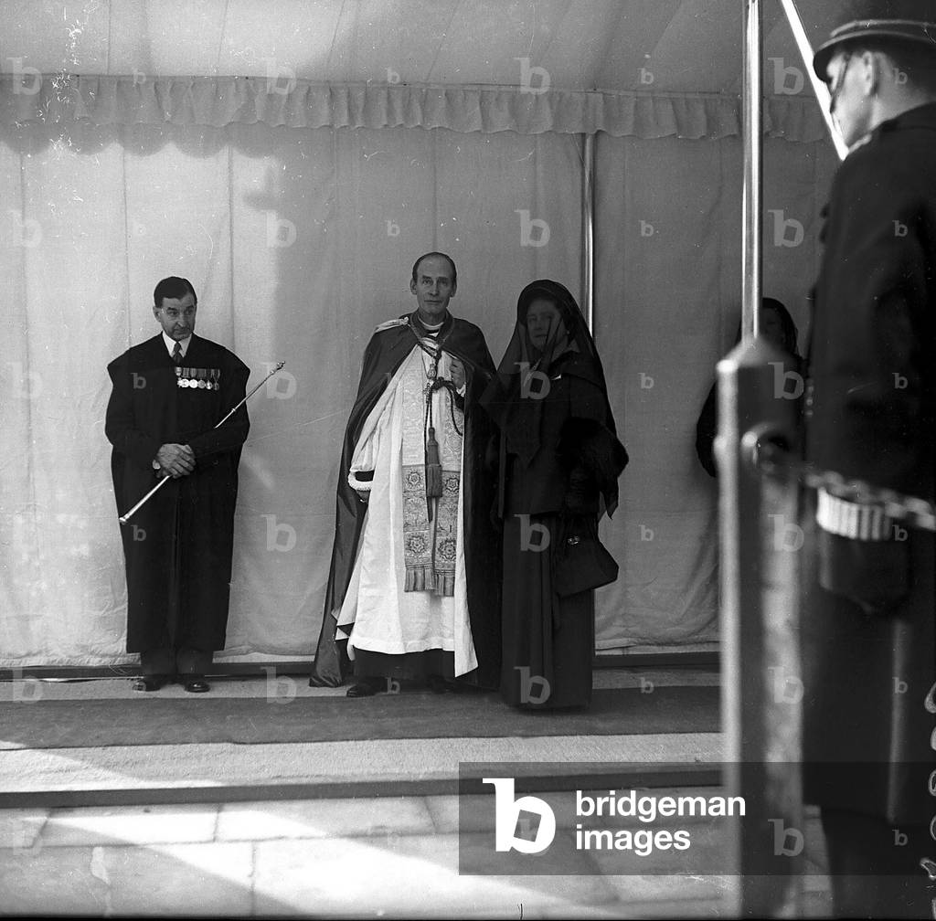 The Queen Mother and The Dean of Windsor at St Georges Chapel for the funeral of King George VI, February 1952 (b/w photo)