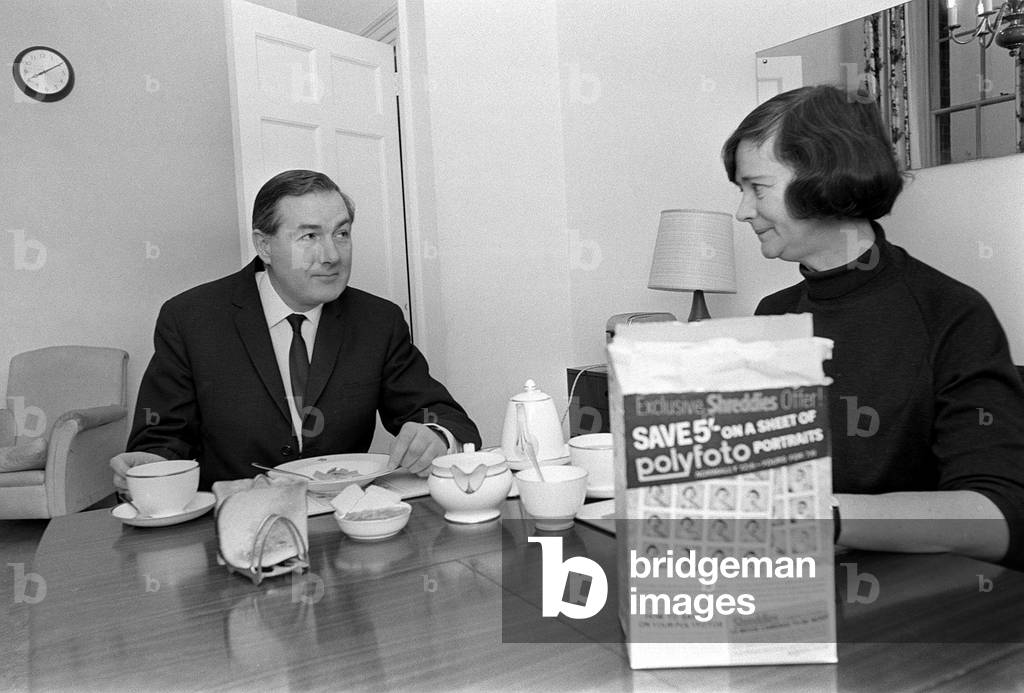 Chancellor of the Exchequer James Callaghan MP November 1964 and his wife eating breakfast on the morning of the Budget