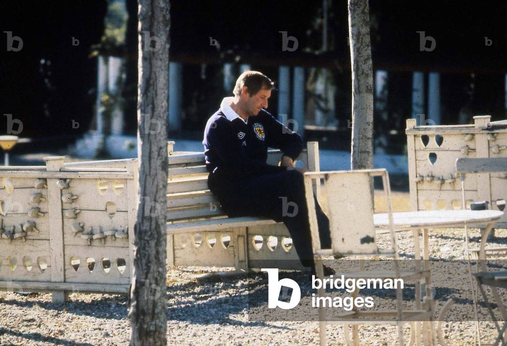 Ally MacLeod Manager of Scotland, pictured sitting on a park bench in Argentina, after being eliminated from the 1978 World Cup Finals, 12th June 1978 (photo)