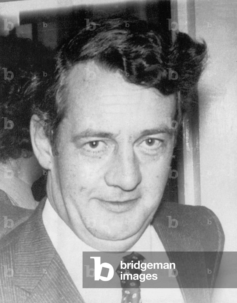 Irish politician Desmond O'Malley leaves a meeting after his unsuccessful bad to take over the leadership of the Fianna Fail party, 25th February 1982 (b/w photo)