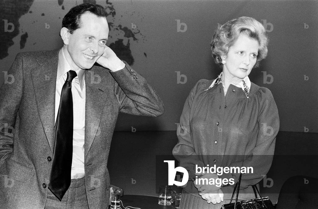 Margaret Thatcher, Leader of the Conservative Party, who is being interviewed by Brian Walden for London Weekend Television Weekend World programme. 18th September 1977 (b/w photo)