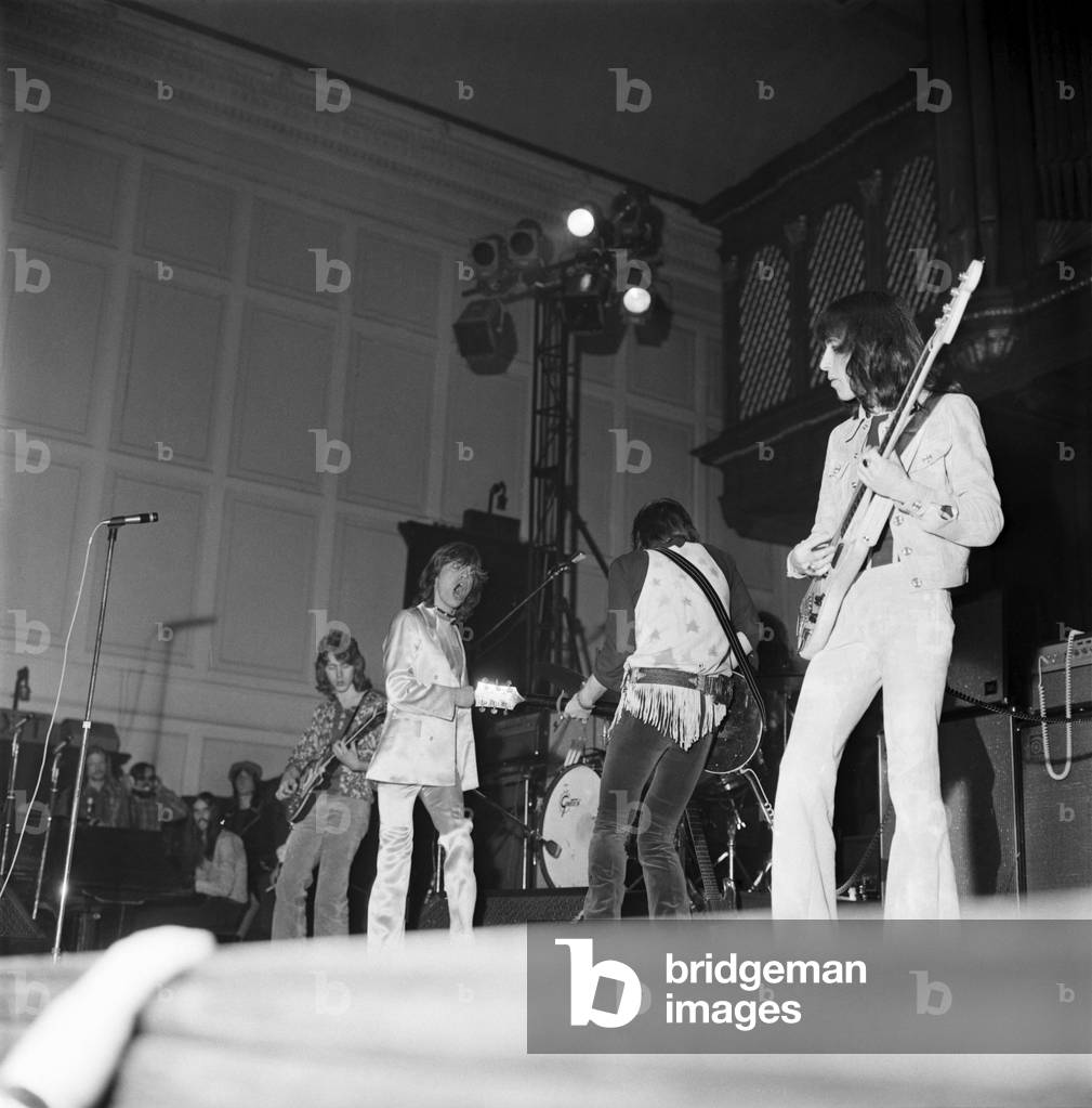 The Rolling Stones on stage of Newcastle City Hall on Thursday 4/3/1971 for the first concert of their Tour of England. March 1971 (b/w photo)