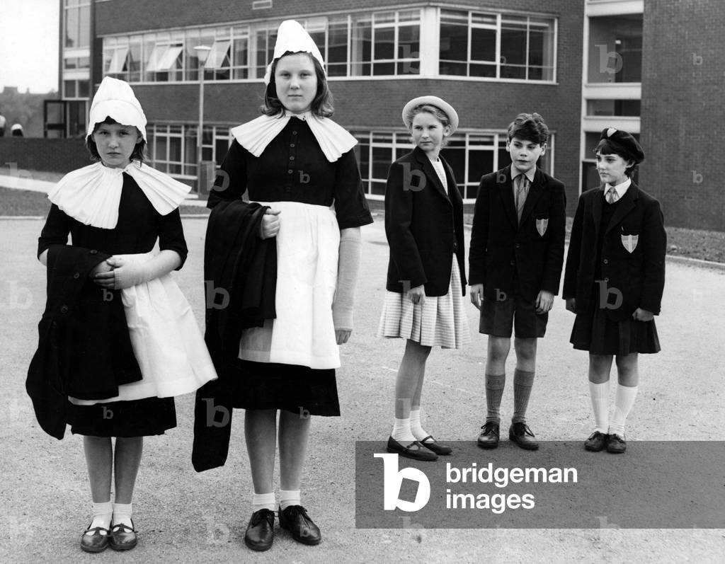 Blue Coat School uniform, Coventry. 3rd June 1965 (b/w photo)