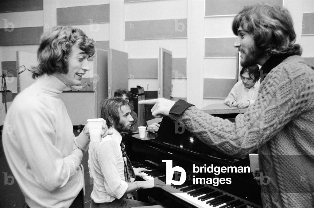 The Bee Gees, newly reunited & back in the recording studio together, Soho, London, 3rd September 1970 (b/w photo)