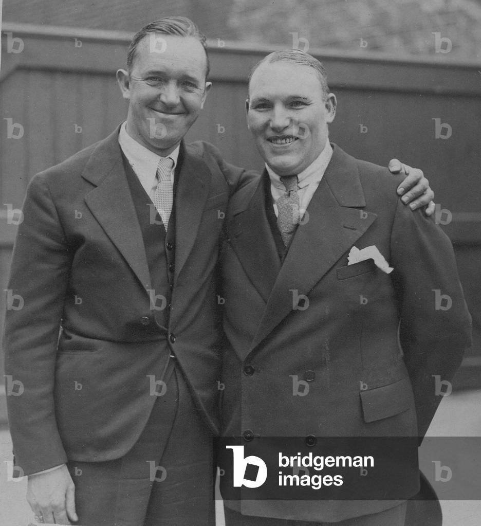 Stan Laurel meets old school pal John Armstrong at North Shields, c.1930 (b/w photo)
