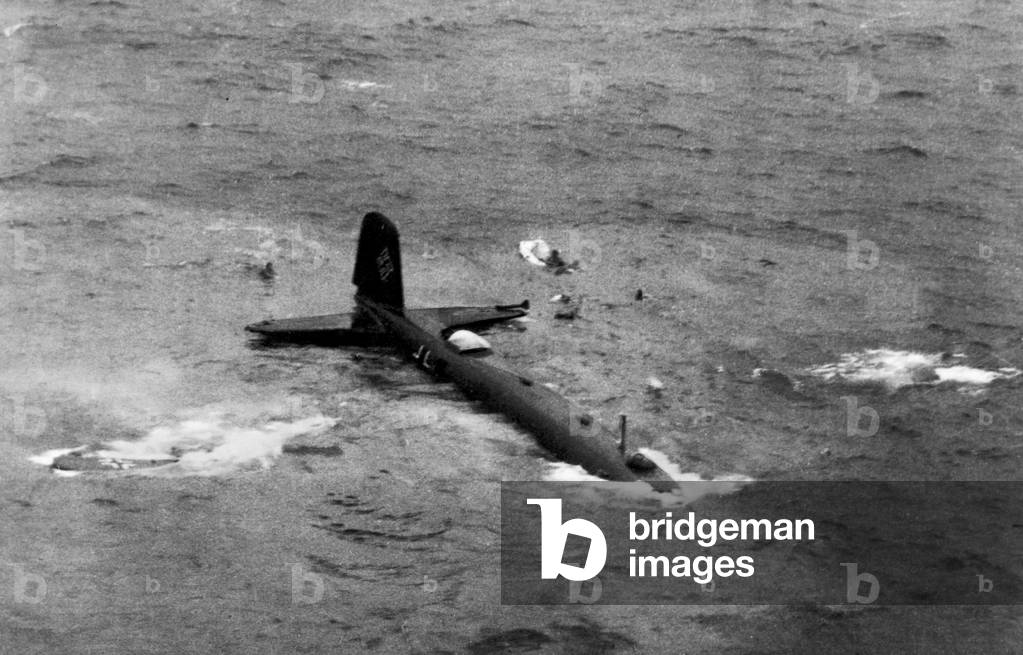 The remains of a Focke Wulf Condor plane , also known as a Kurier, after it was attacked at point plank range by a Lockheed Hudson fighter aircraft of the Royal Air Force Coastal Command. The four engined bomber was about to attack a convoy in the Atlantic when it was sighted and taken out. Fire broke out in the raider ten it lost height and crashed into the sea. 27th July 1941 (b/w photo)