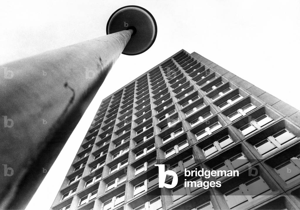 The Towering Bewick House high rise flats in Newcastle 2 April 1971 (b/w photo)