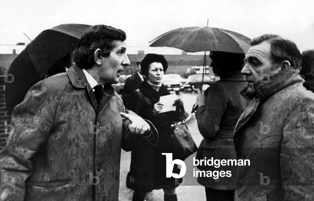 The National Miners Strike 1974 Gordon Lilley, chairman of COSA branch at Team Valley, Gateshead, argues with pickets outside the NCB headquarters 11 February 1974 (b/w photo)