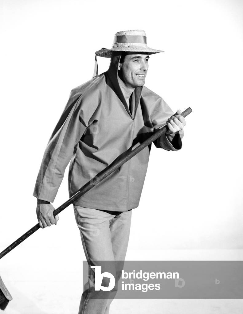 Model Peter Anthony wearing blue sailors shirt, 1959 (b/w photo)