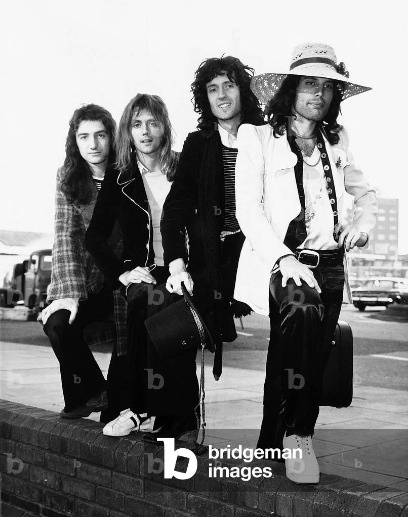 Queen Rock Pop Group left to right John Deacon Roger Taylor Brian May & Freddie Mercury, 1974 (b/w photo)