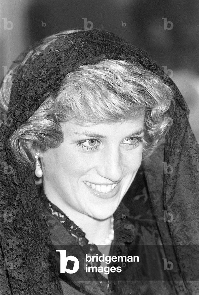 Prince Charles and Princess Diana in the Vatican. Diana is dressed in black lace and wearing a veil to meet with Pope John Paul II, April 1985