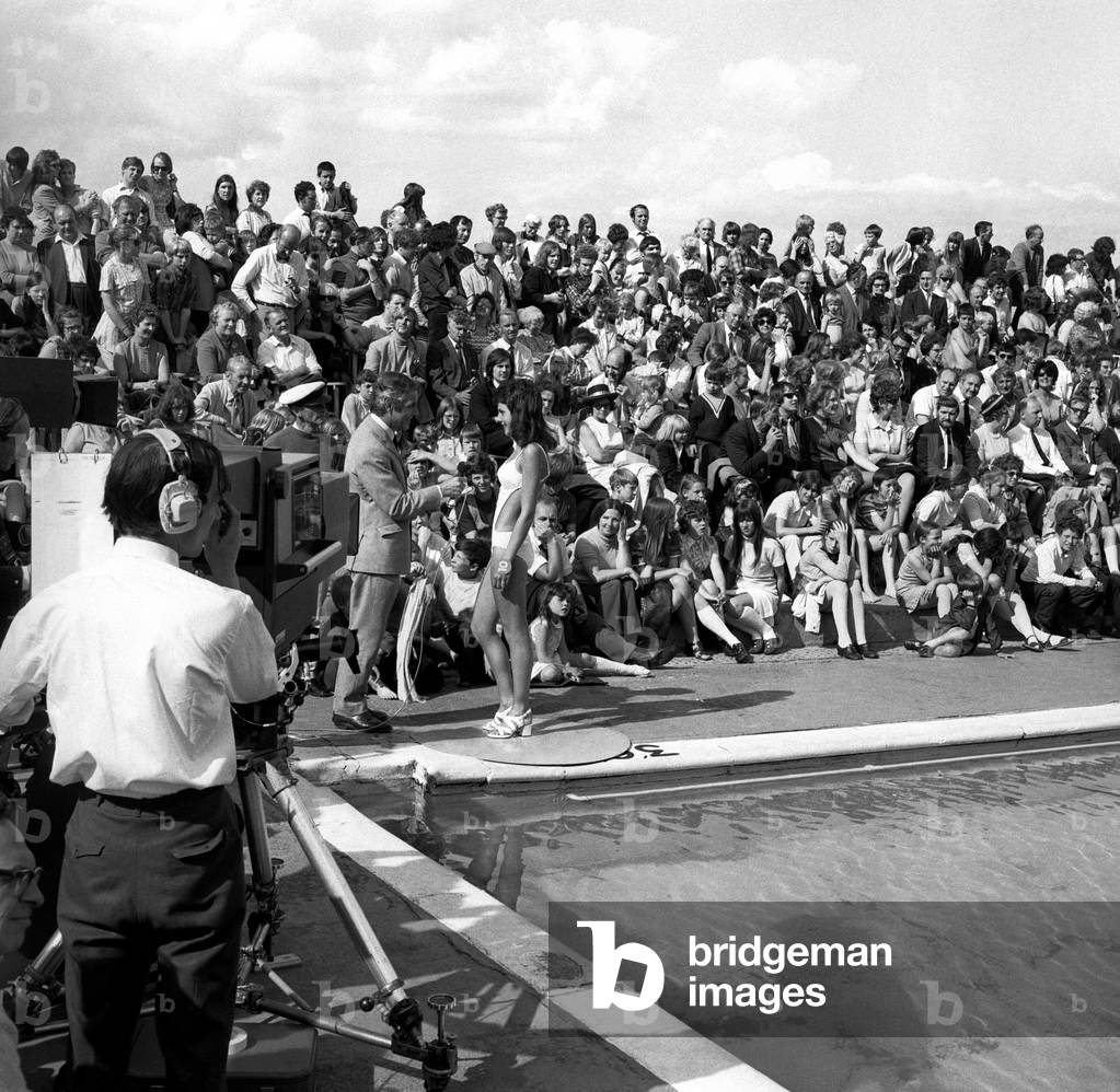 The Miss Tyne Tees Television beauty contest at Tynemouth Open Air Swimming Pool, 24 July 1971 (b/w photo)