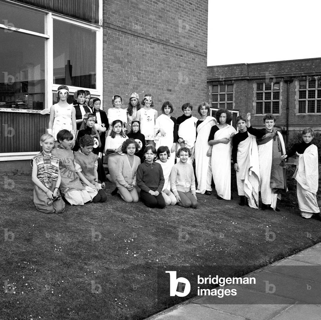 Pupils from Heaton School in Newcastle, put on a pageant, July 8, 1970 (b/w photo)