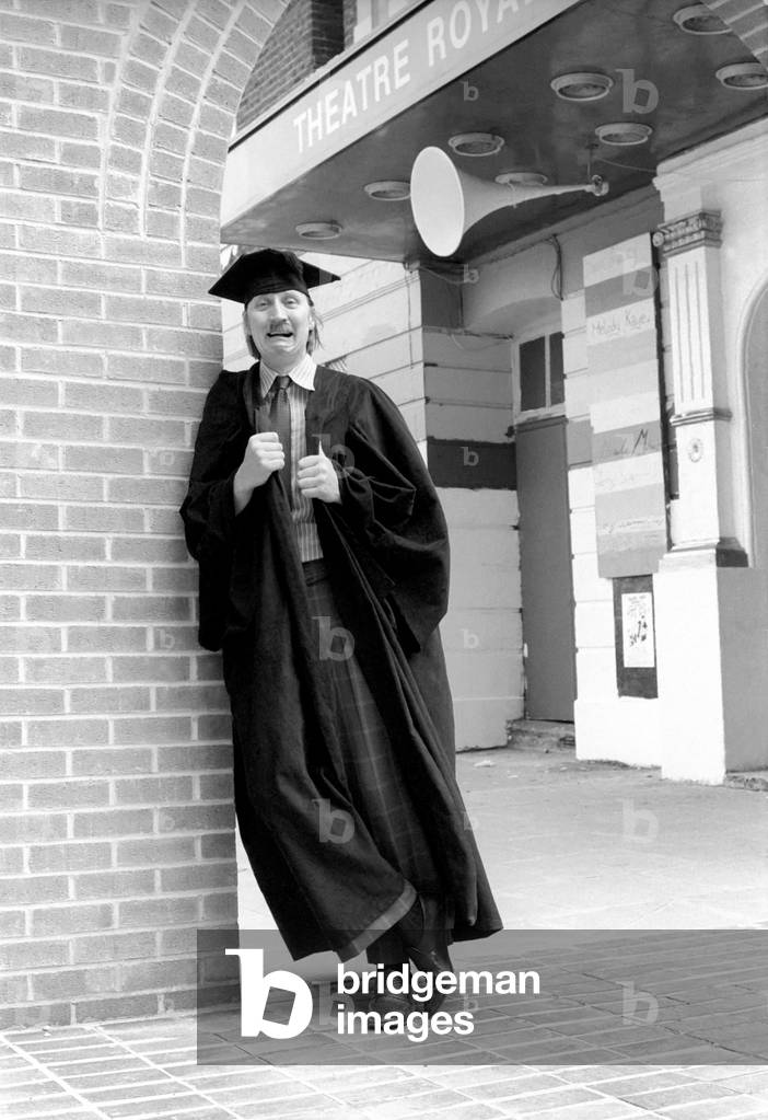 Stephen Lewis seen here in the costume of a head master, July 1975 (b/w photo)