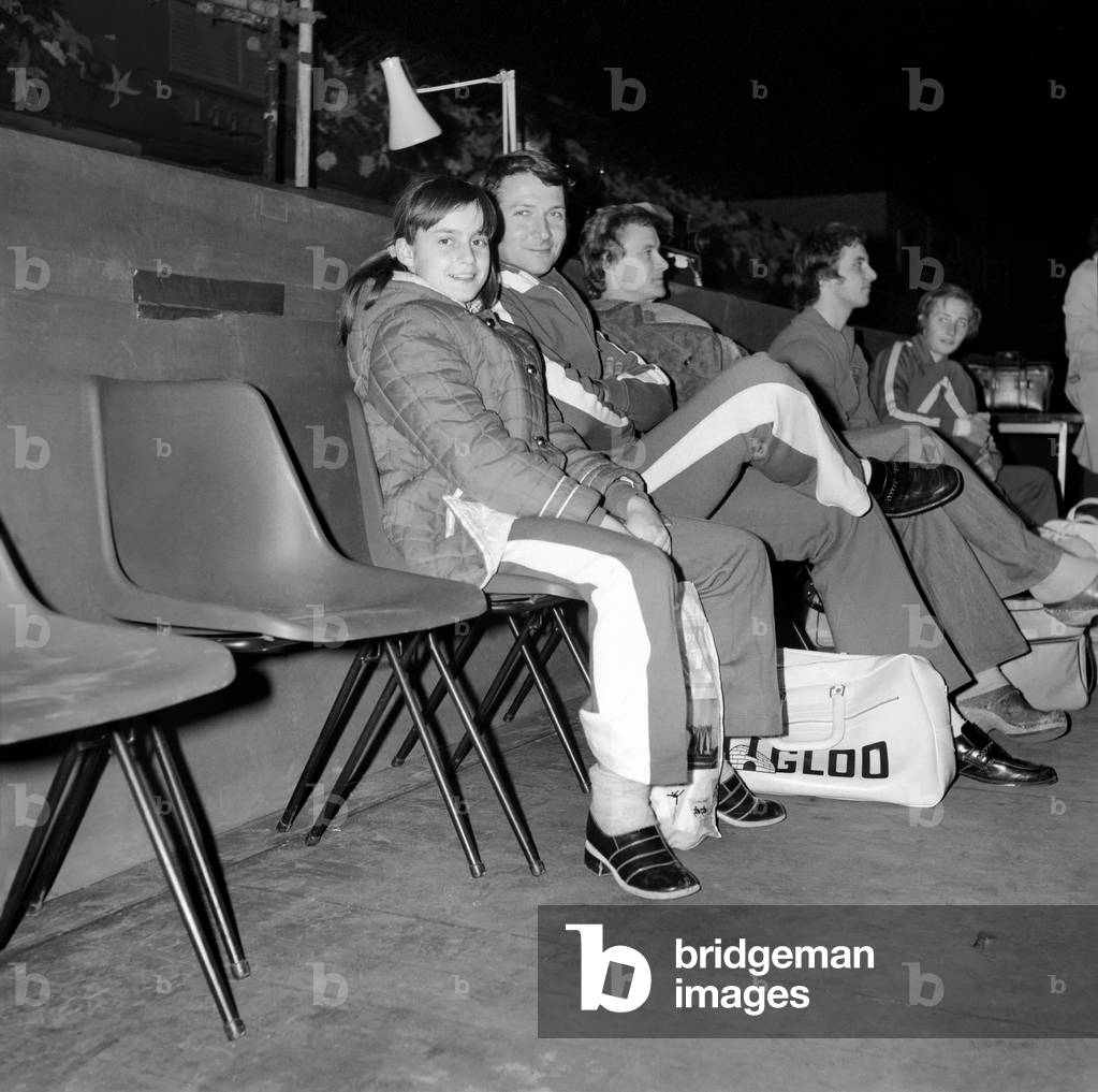 Women gymnasts from all over the world will be competing in the Champions All Tournament presented by the British Amateur Gymnastics Association and the Daily Mirror at the spectacular at the Empire Pool, Wembley on Saturday, 12th April 1975 (b/w photo)