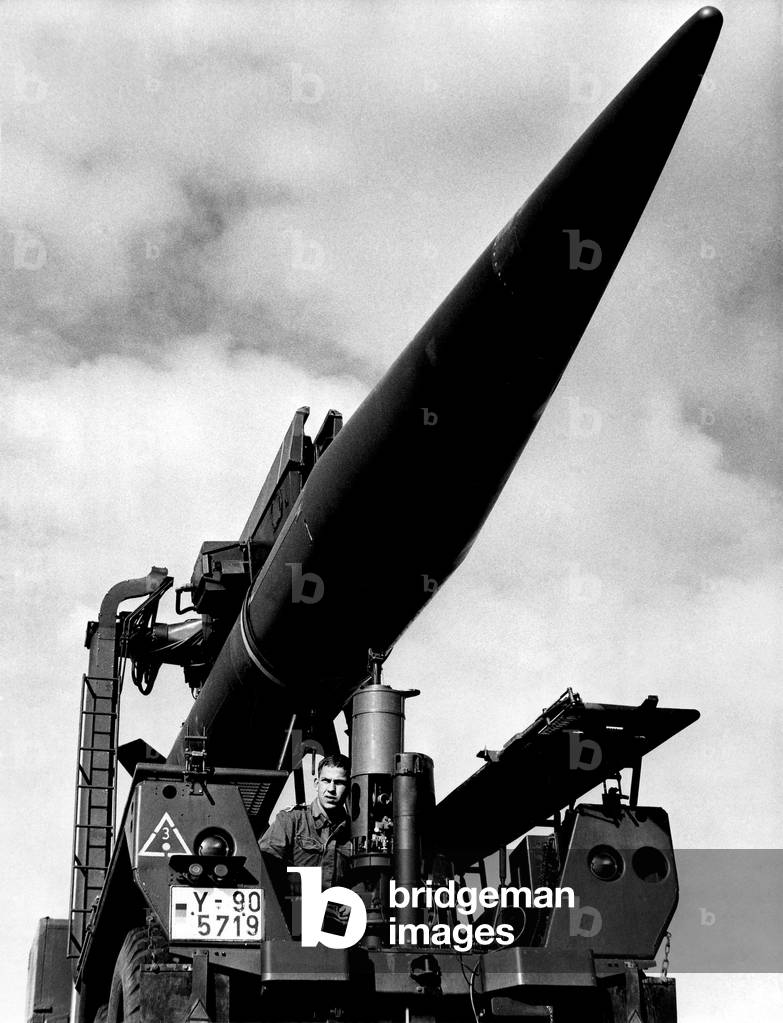 A German gunner checks a Pershing missile before the launching on South Uist, September 1965