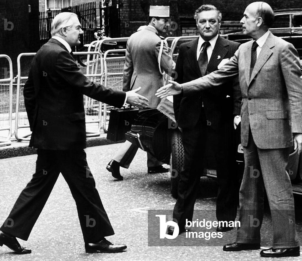 James Callaghan British Prime Minister shakes hands with French President Giscard D'Estaing, 1977 (b/w photo)