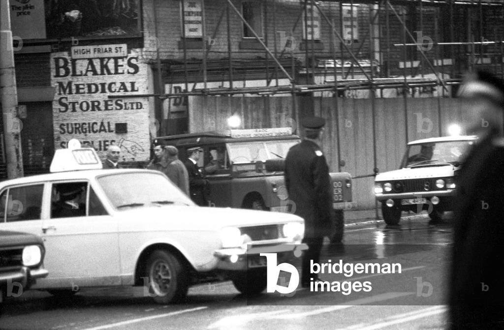 The scene at a demolition site on Friar Steet, near Newgate Street, Newcastle where a workman from demolition contractors G Blackett and Sons found 36 sticks of gelignite and detonators stuffed in a plastic bag, 6th January 1972(b/w photo)