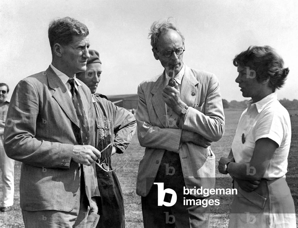 Left to Right. Col Sir John Hunt (of Everest Fame), Mr. Alan Derek Piggott (Holder of United Kingdom height record of 23,200 Ft, which equals the height reached by Col Hunt on Everest, who took Sir John for a 40 mins flight in a slingsby T21 Glider, Mr. Phillip wills (British Ace Glider) and Mrs. Ann Wills, champion woman Glider Ace. July 1955