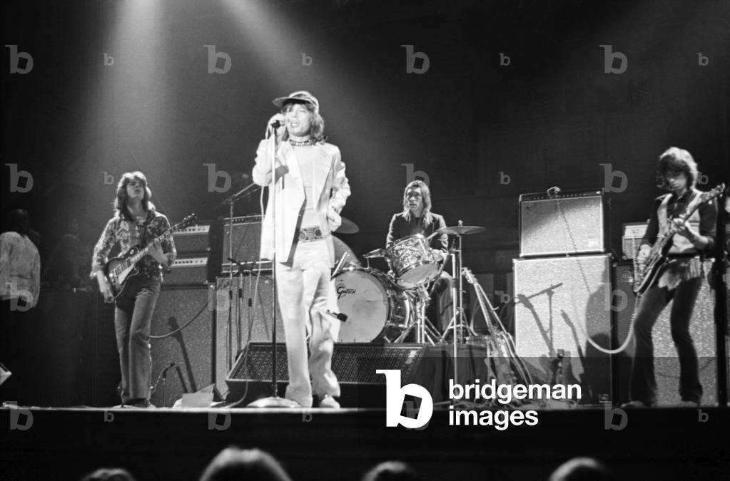The Rolling Stones on stage of Newcastle City Hall on Thursday 4/3/1971 for the first concert of their Tour of England. March 1971 (b/w photo)