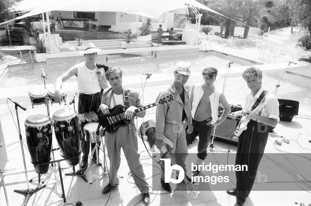Spandau Ballet, music group in Ibiza, Spain, July 1981 (b/w photo)