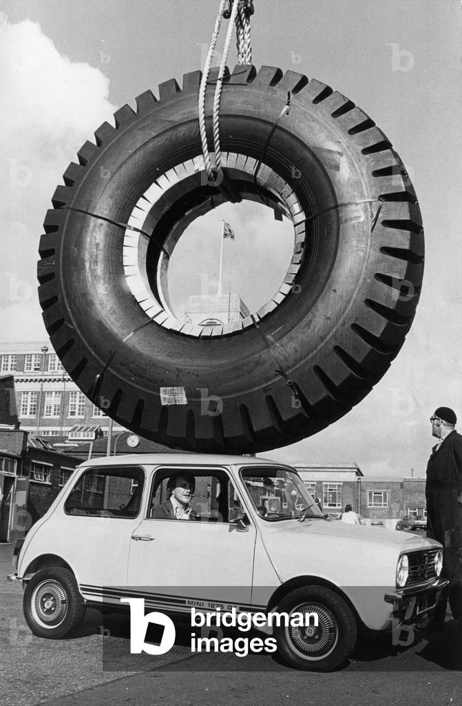 The largest tyre ever made to date (27th October 1978) by Dunlop, seen here on its arrival at Fort Dunlop's test centre in Birmingham. It weighs 2 & 1/4 tons, as much as a Rolls-Royce Silver Shadow, can support a load of 40 tons and costs £6000. The Mini 1275 GT uses Dunlop's smallest road tyre and the monster tyre contains enough tread rubber for 400 Mini tyres, 27th October 1978 (b/w photo)