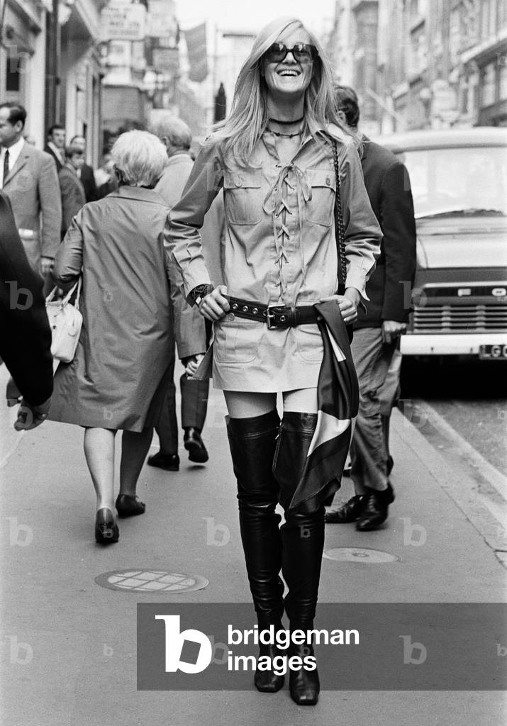 Betty Catroux, model and muse of Yves Saint Laurent pictured outside his first London Rive Gauche store on New Bond Street, London, opening day, 10th September 1969 (b/w photo)