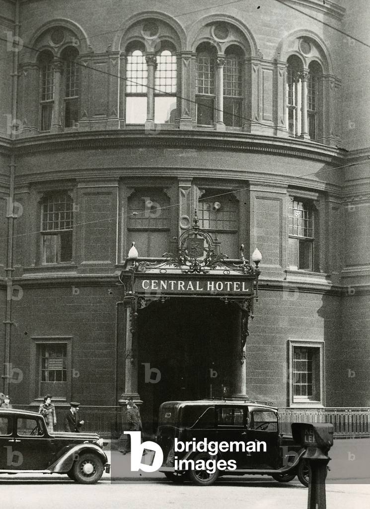 Central Hotel Glasgow 1940s Taxis parked outside soldier walking past Hope Street, 1940 (b/w photo)