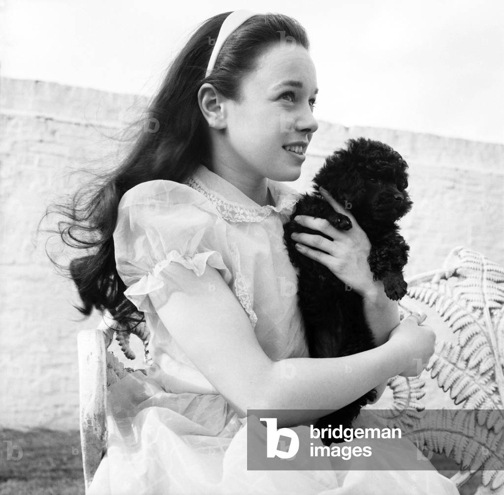 Girl holding a cute poodle dog.