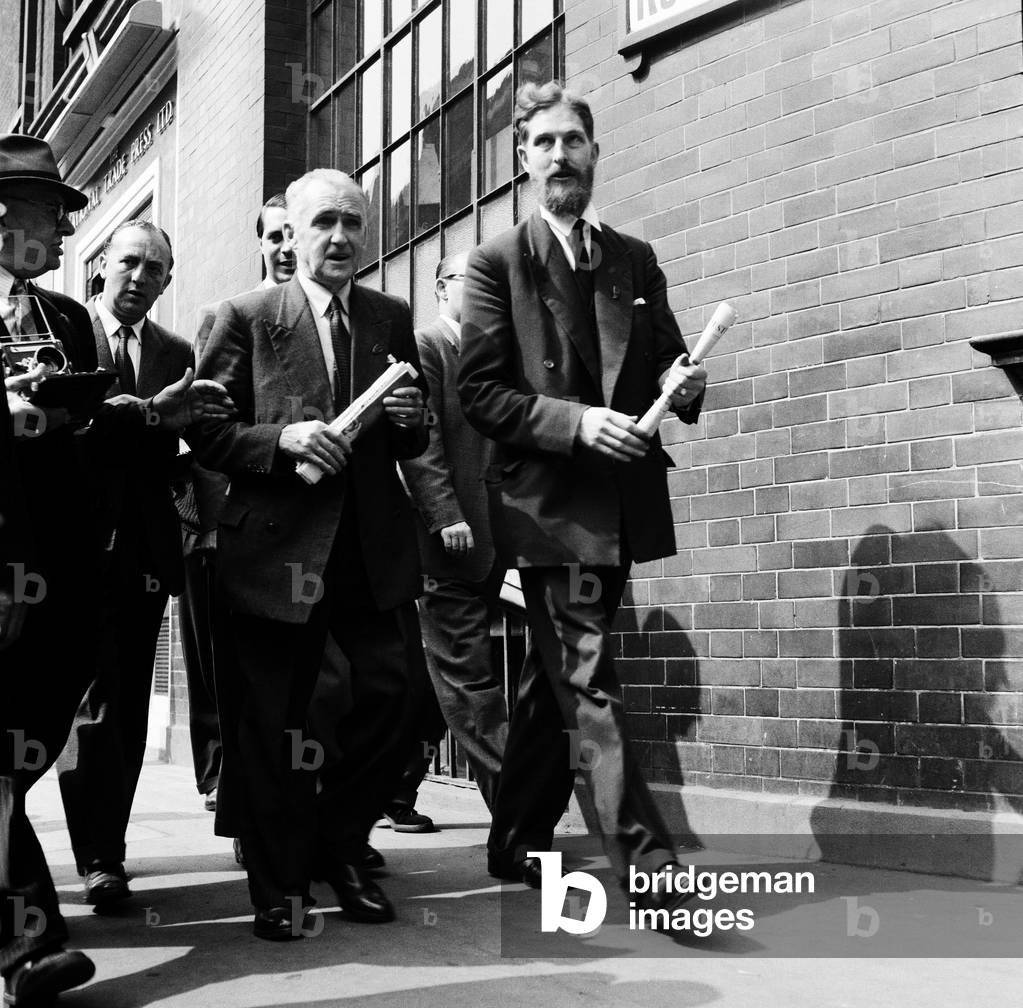 Pictured, Philip Kinghorn Burbridge with Mr Austen Brooks (with beard), a member of The League of Empire Loyalists. Mr Philip Kinghorn Burbridge, who slapped Lord Altrincham (critic of the Queen), as he came out of Television House, London. 7th August 1957 (b/w photo)